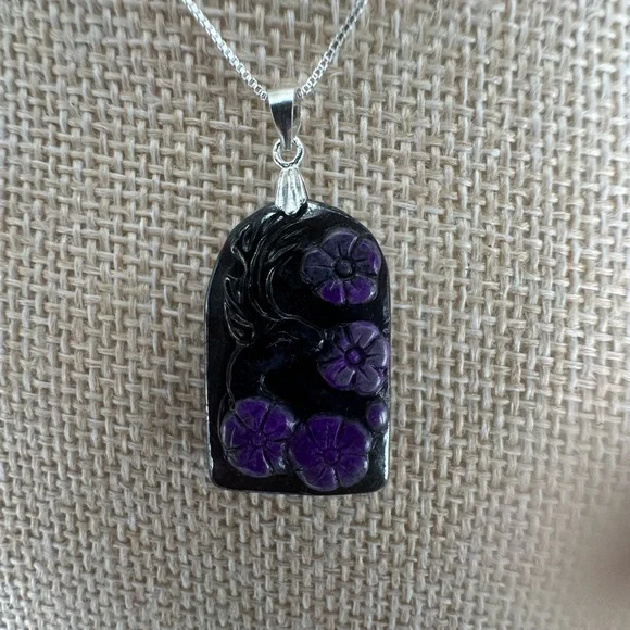 Arch Shaped Deer and Flowers Sugilite Pendant on Sterling Silver Box Chain - Picture 13 of 16